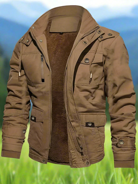 A brown fleece lined jacket with a hood, featuring multiple pockets and a zippered front.