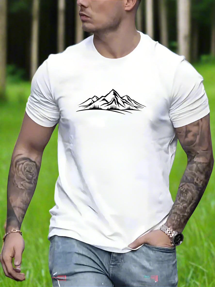 A person wearing a white T-shirt with a white mountain design on the front.