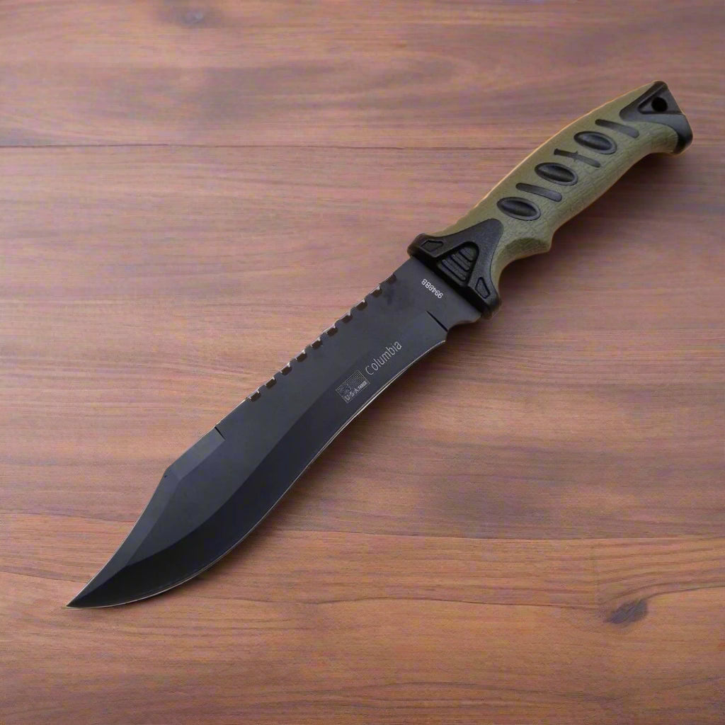 A black Columbia tactical knife with a rubber handle and nylon sheath.