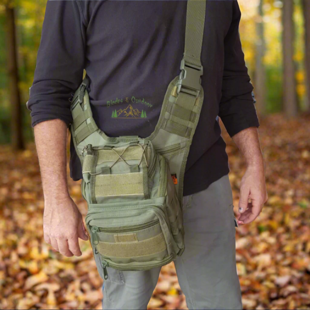 Person wearing a tactical shoulder bag in a forest setting