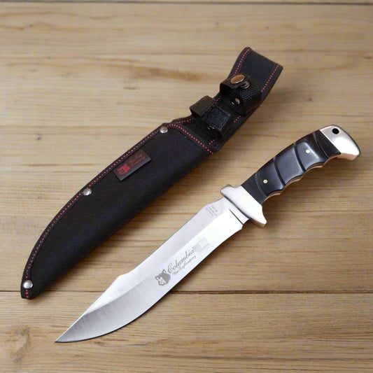 Knife with black sheath on a beige background