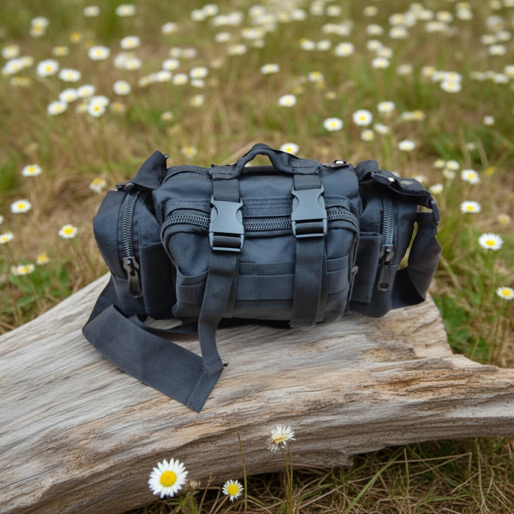 Black tactical bag on a log with flowers in the background