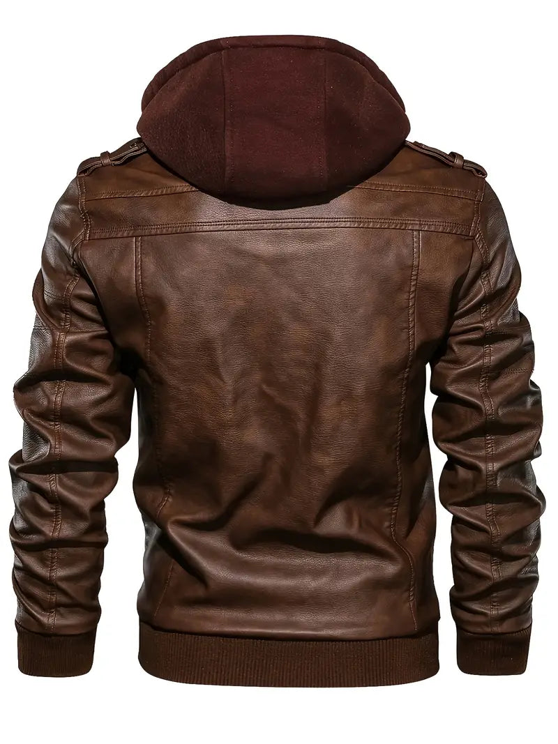 A men's PU leather jacket with a removable gray hoodie, zipper details, and multiple pockets.