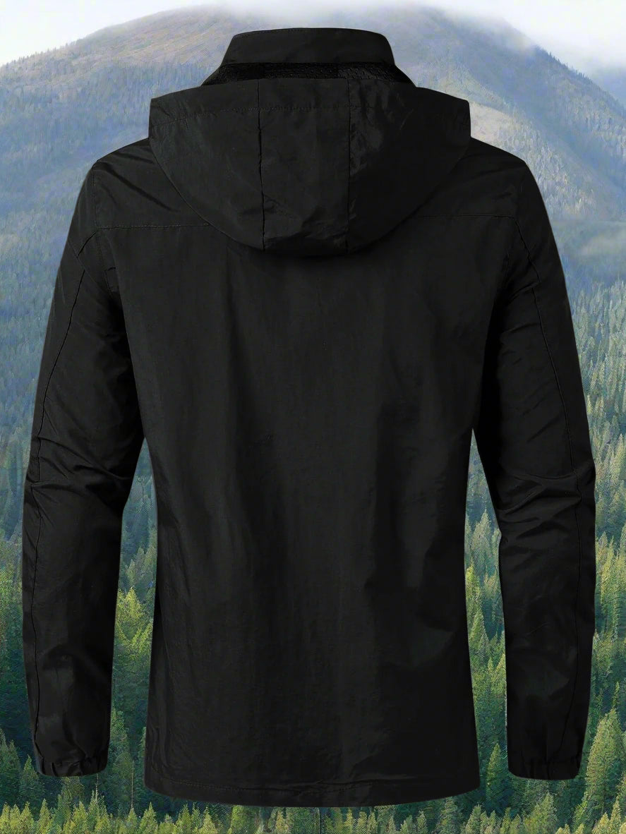 Black hooded jacket on a dark gray background