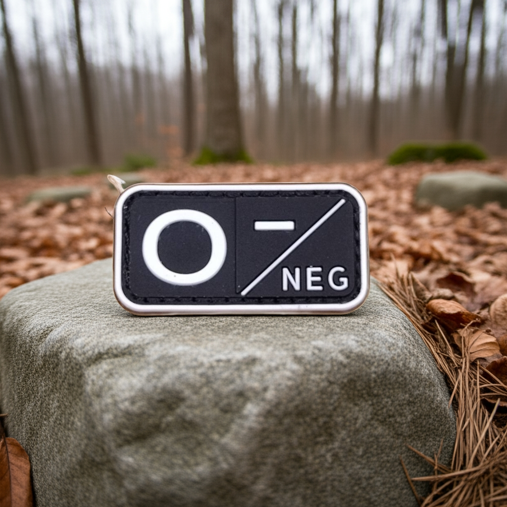 O- NEG blood type patch on a rock in a forest setting