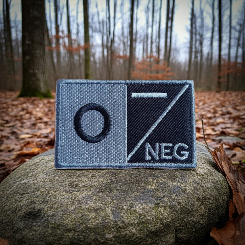 O Negative blood type patch on a rock with a forest background