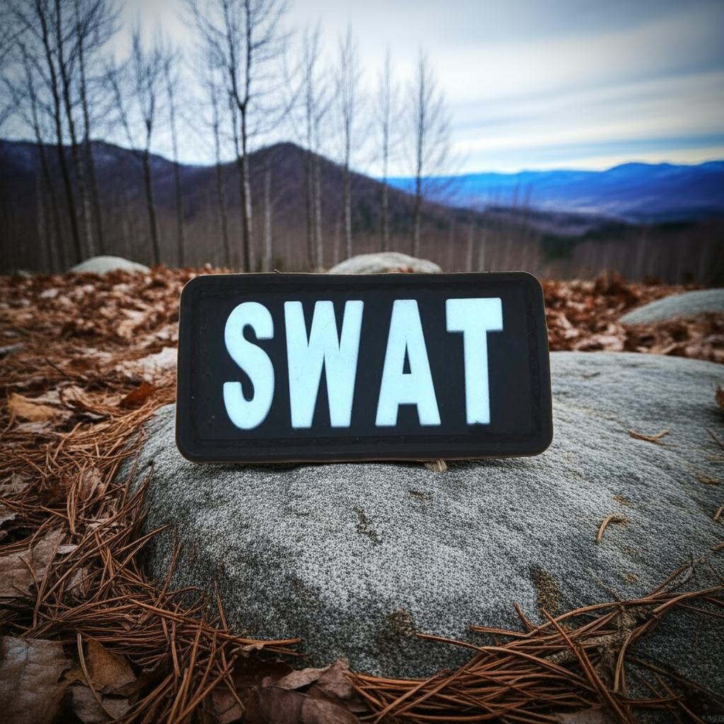 SWAT sign on a rock with a forest background