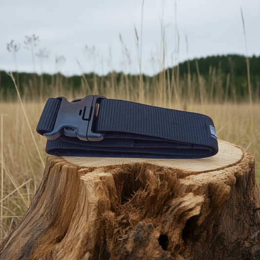 Black belt with a plastic buckle on a wooden stump in a field