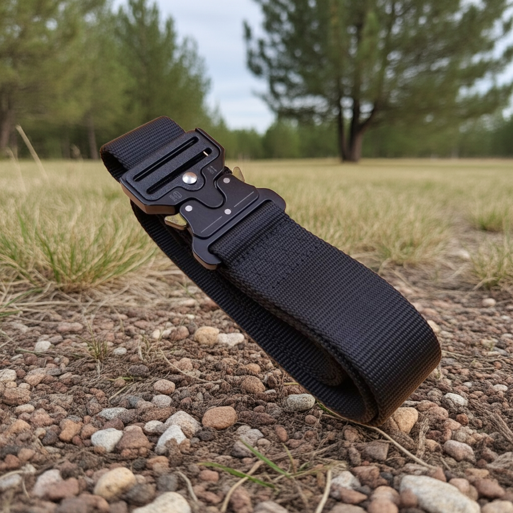 Black belt with a buckle on a rocky ground with trees in the background