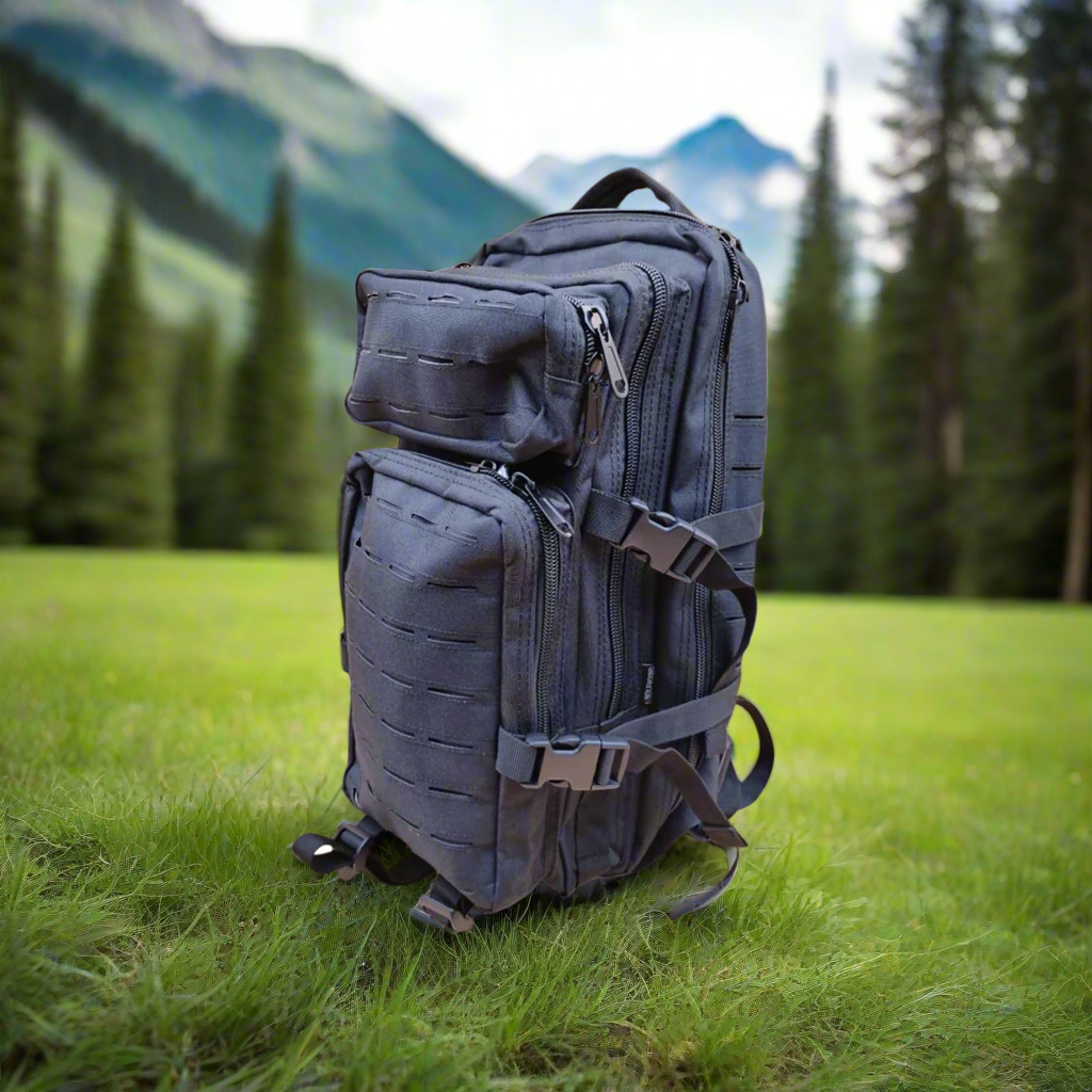 A black 30 litre backpack with strong zips and molle webbing, designed to hold laptops, books, water bottles, and a bladder.