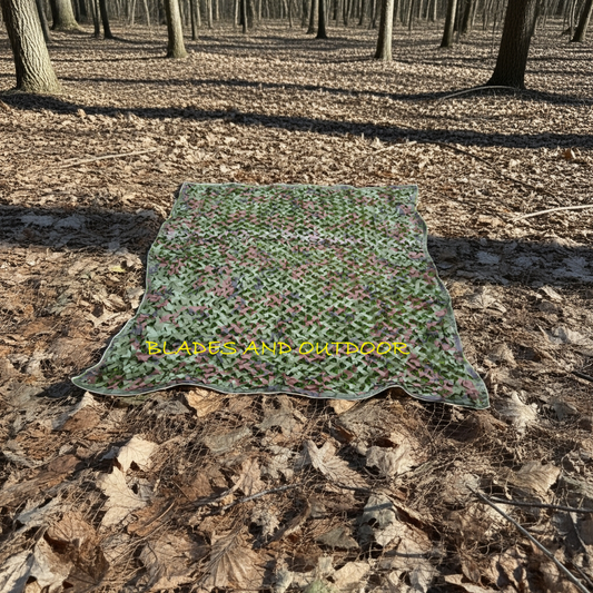 Camouflage net on the ground in a forest with 'Blades and Outdoor' branding.