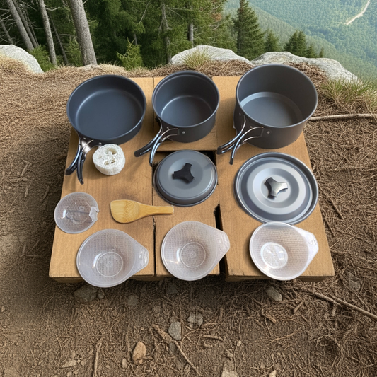 Set of camping cookware including pots, pans, and utensils on a wooden board with a natural outdoor background.