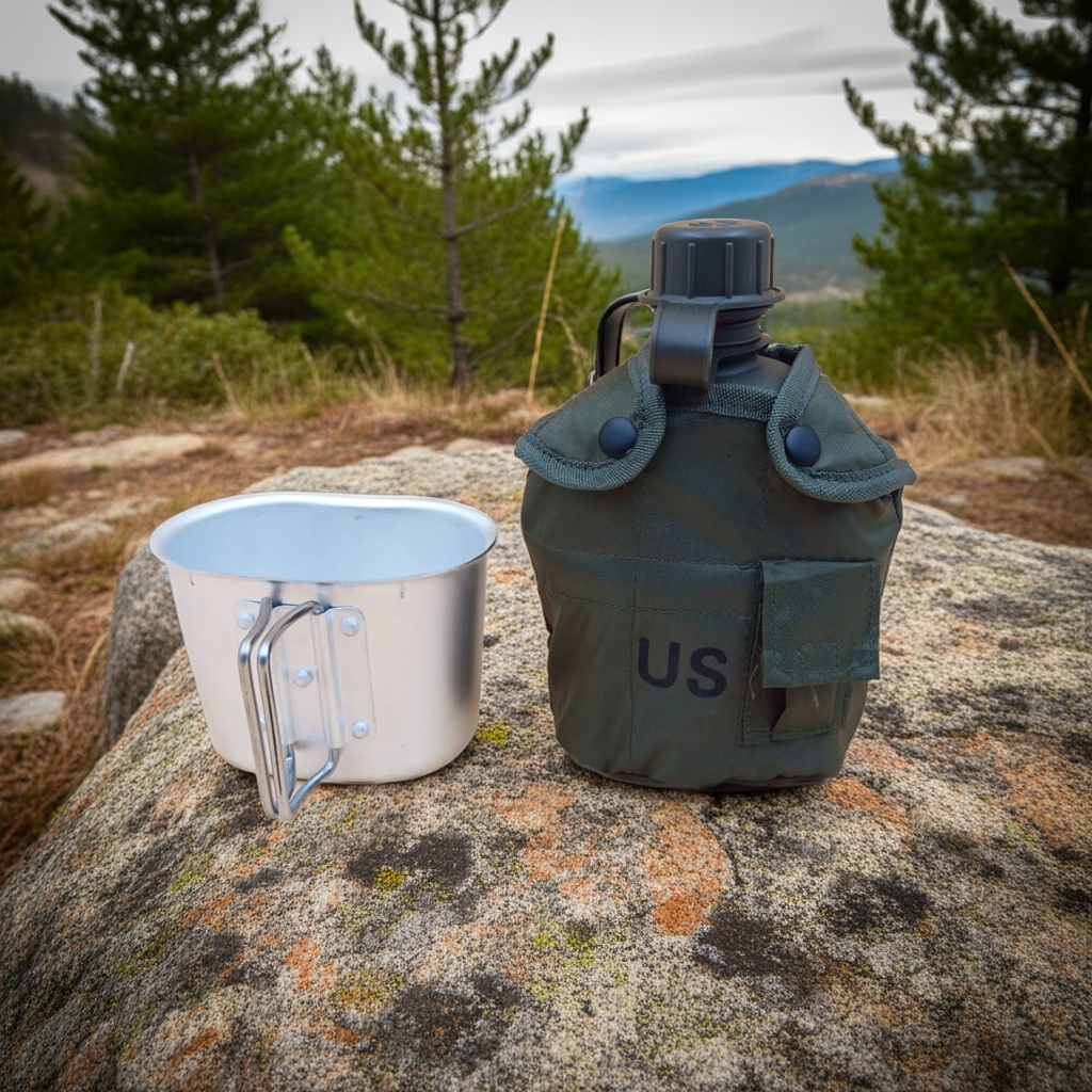 Green canteen with US marking and metal cup on a rock with a mountainous background