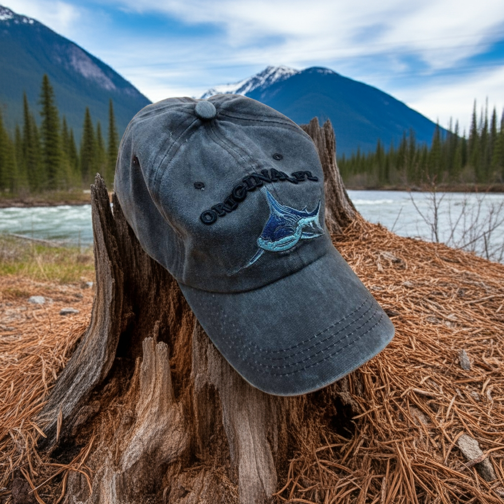 Gray cap with logo on a wooden stump in front of mountains and river