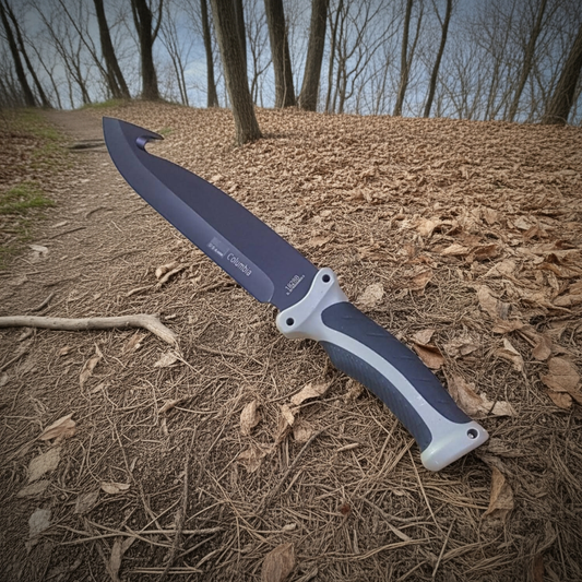 Forked knife on a forest floor with trees in the background