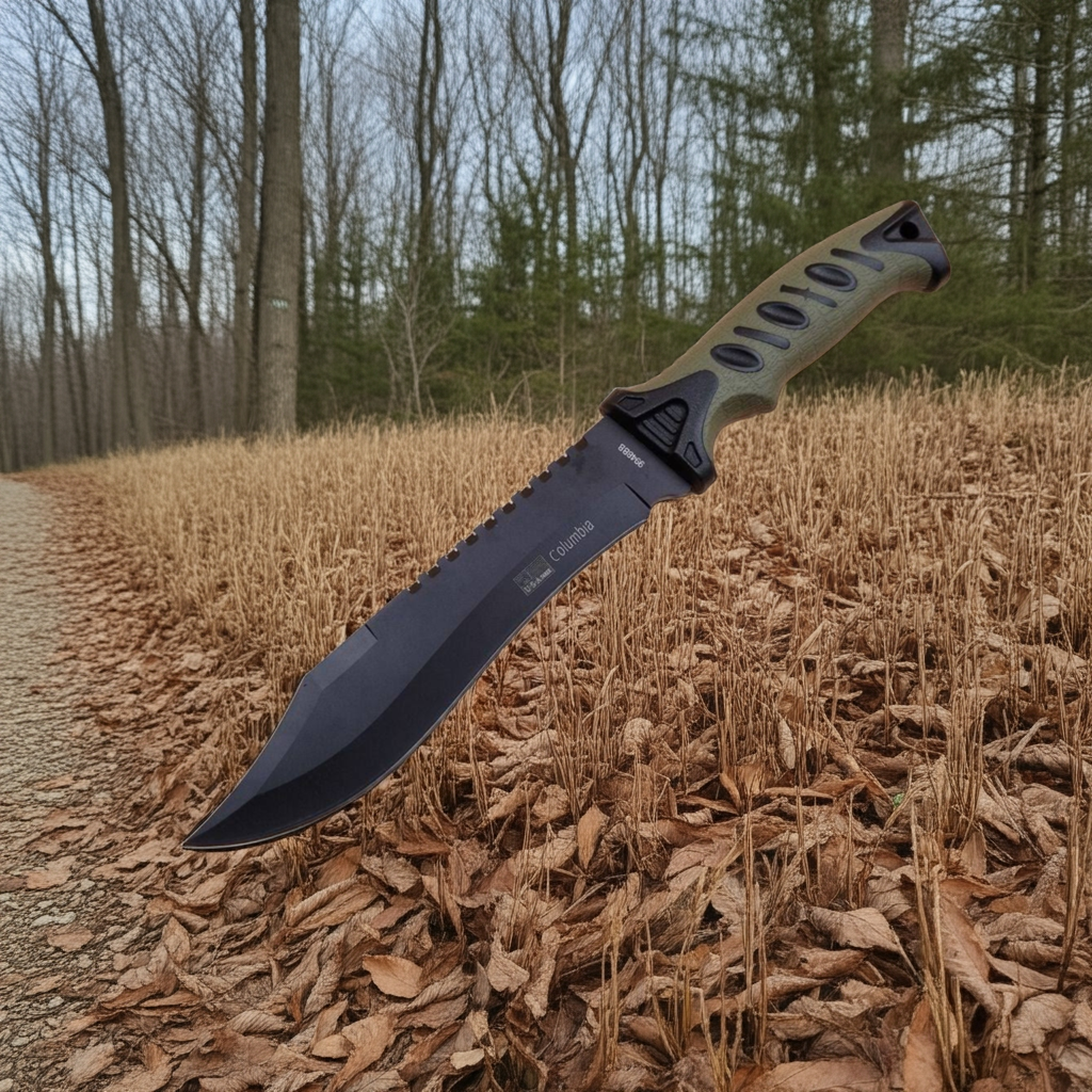 Large knife with a black blade and green handle on a forest floor background