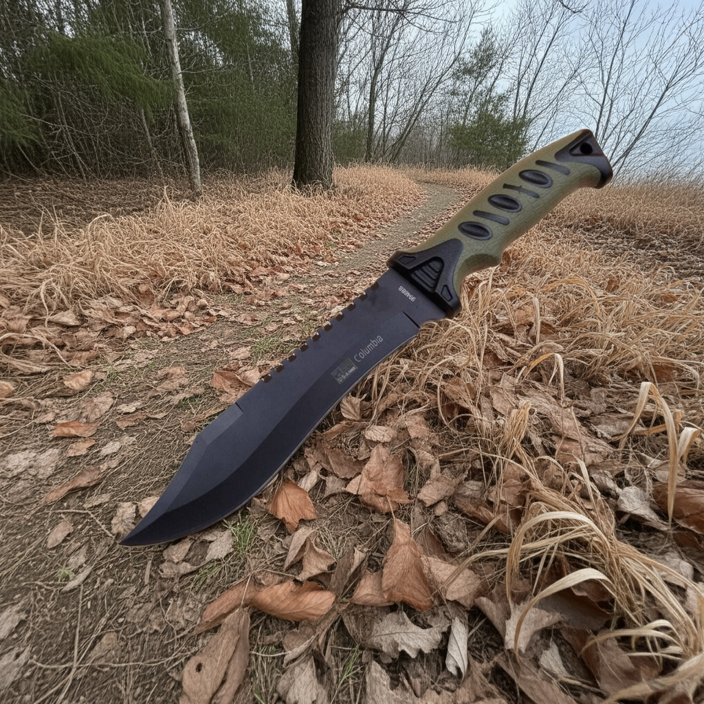 Knife with a green handle on dry leaves in a forest setting