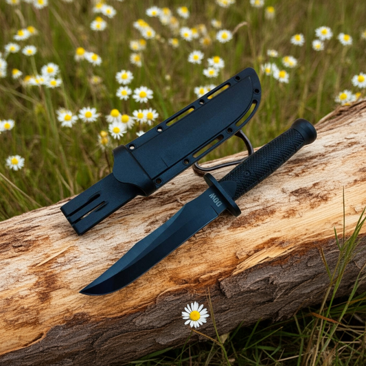 Knife with sheath on a log in a natural setting with flowers