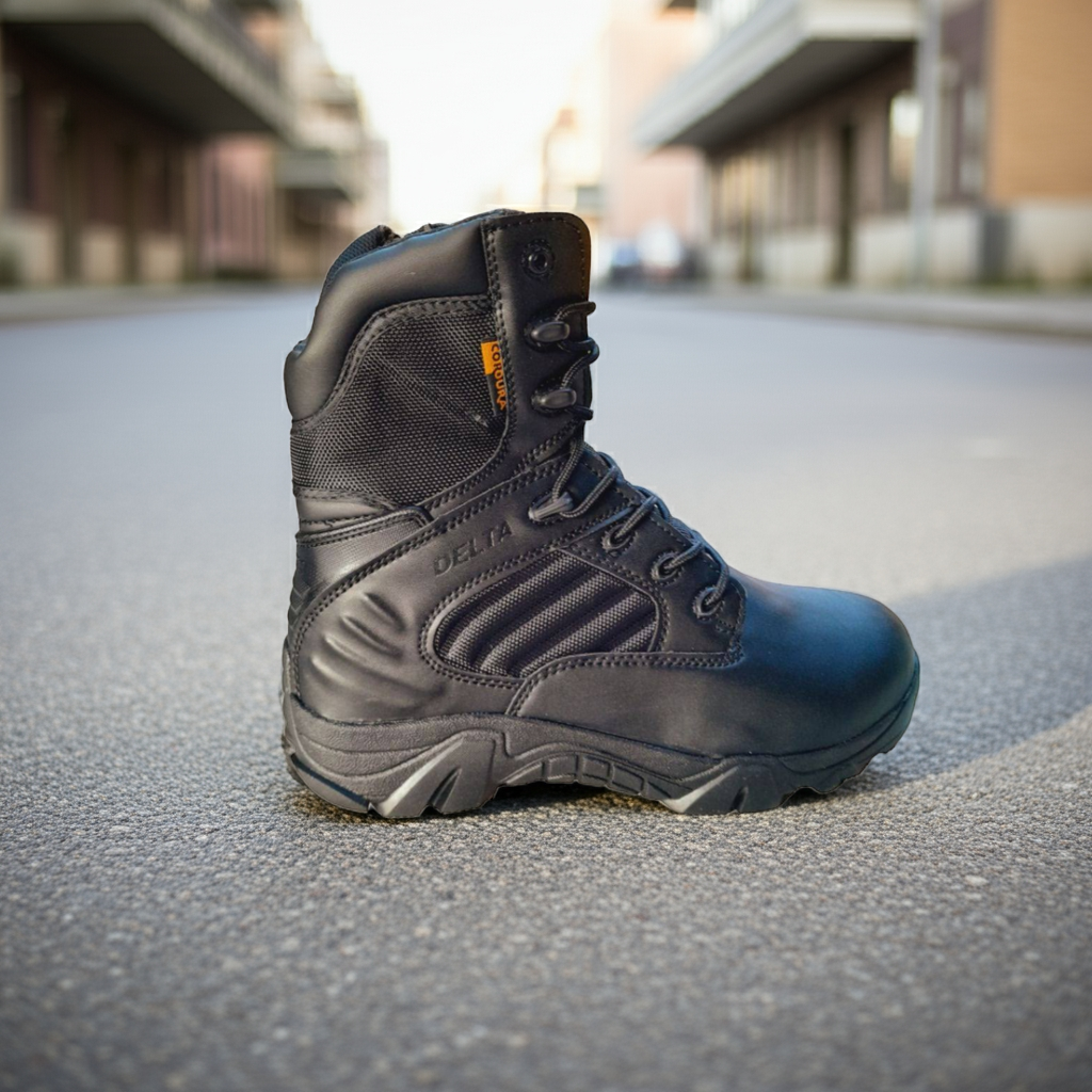 Black boot on a concrete surface with blurred buildings in the background