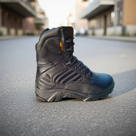 Black boot on a concrete surface with blurred buildings in the background