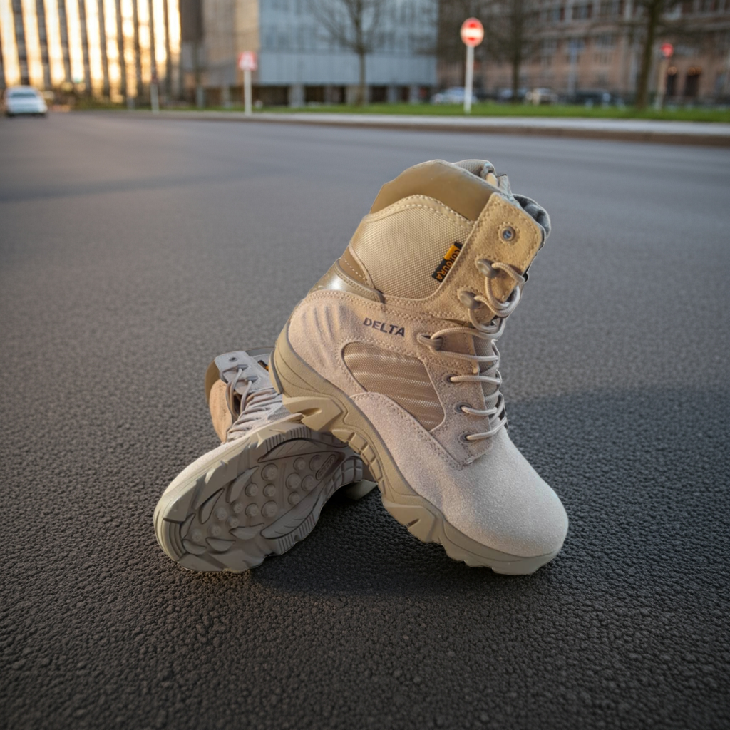 Tan tactical boots on a street with buildings in the background