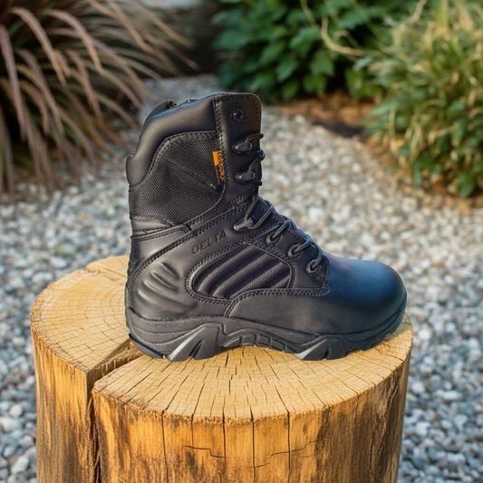 Black tactical boot on a wooden stump with a natural background