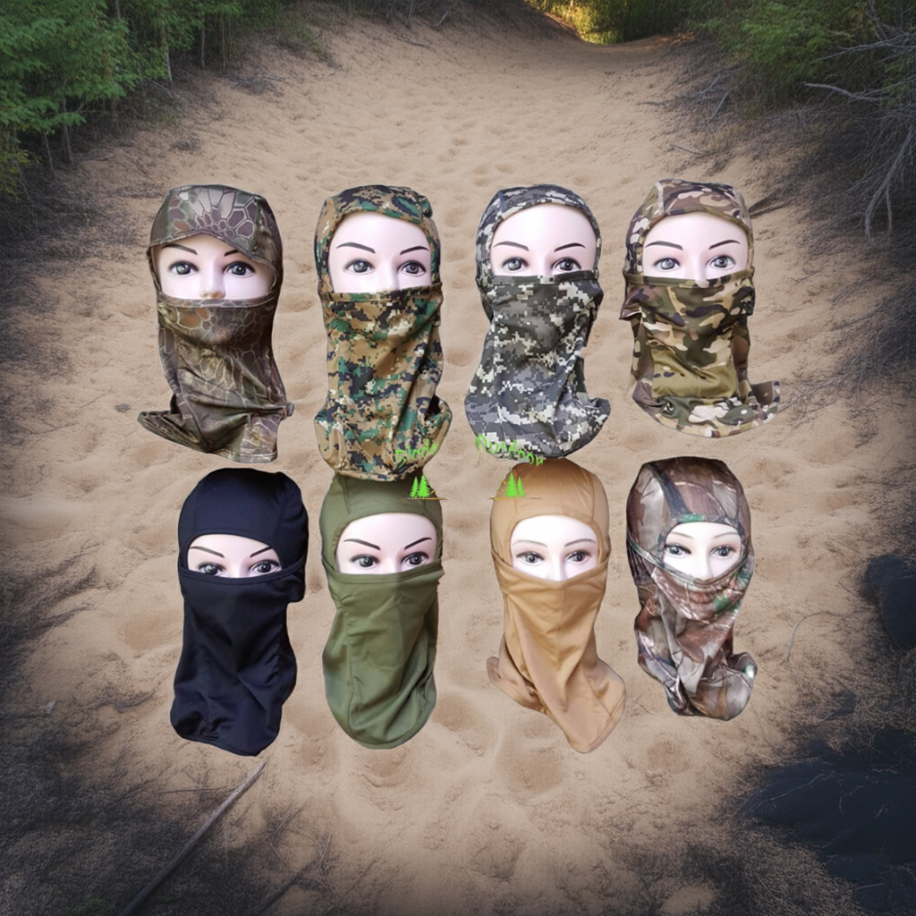 Camouflage face masks displayed on a natural background