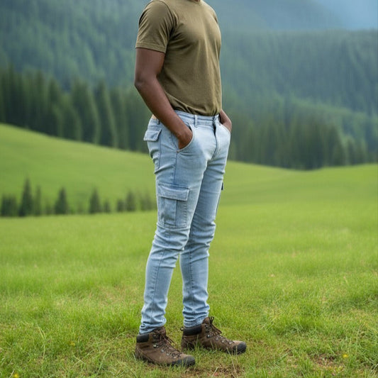 Man wearing a light blue 6 pocket jean, standing in a grassy field with mountains in the background.
