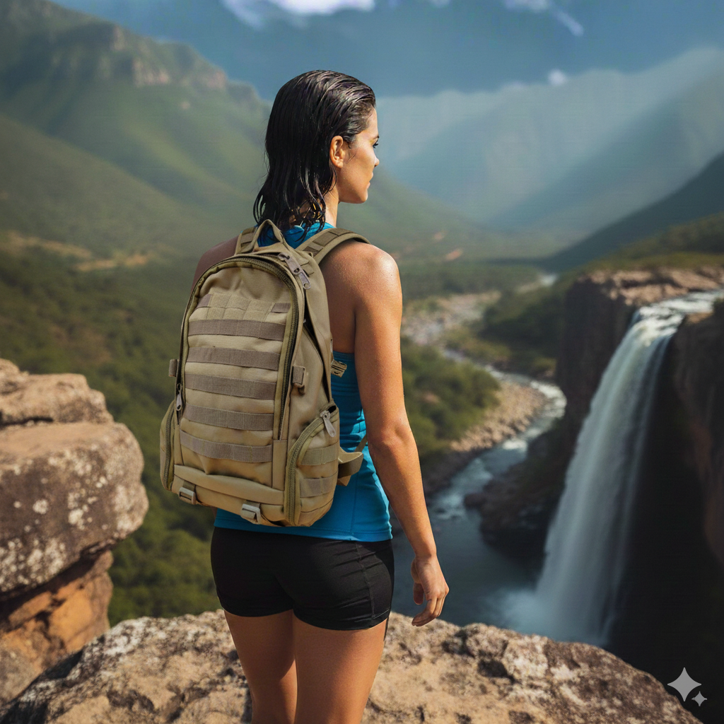 Person with a khaki Double bag standing on a cliff overlooking a waterfall and mountains.