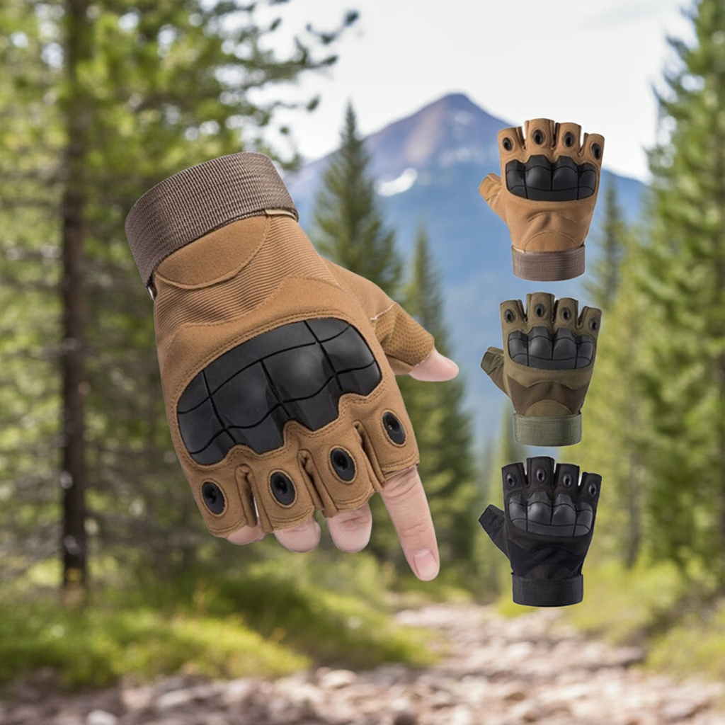 Tan and black tactical gloves with a forest and mountain background