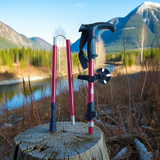 Two hiking poles on a wooden stump with a mountainous landscape in the background
