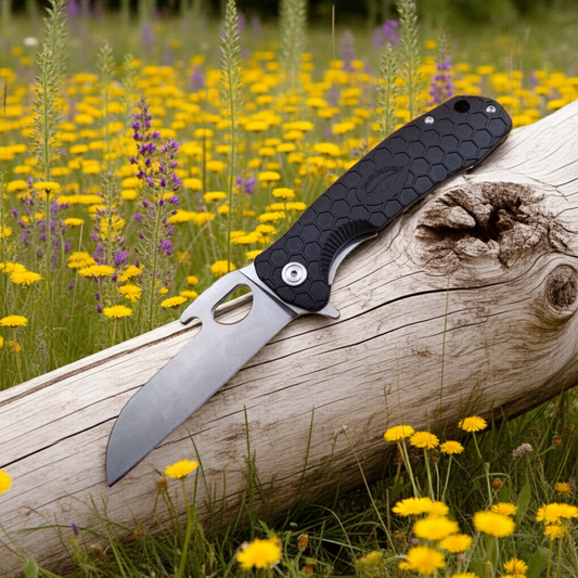Folding knife with black handle on a wooden log surrounded by yellow flowers