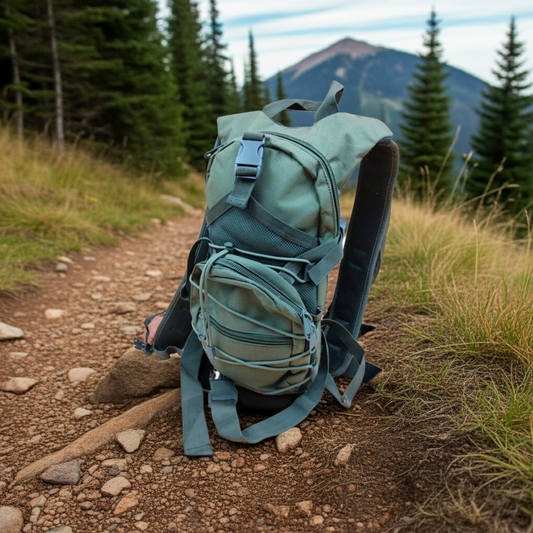 Green backpack on a person sitting on a trail with mountains and trees in the background