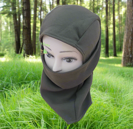 A green face mask covering the lower half of a mannequin's face.