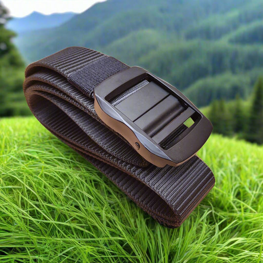 Black nylon belt with a black steel buckle, displayed on a neutral background.