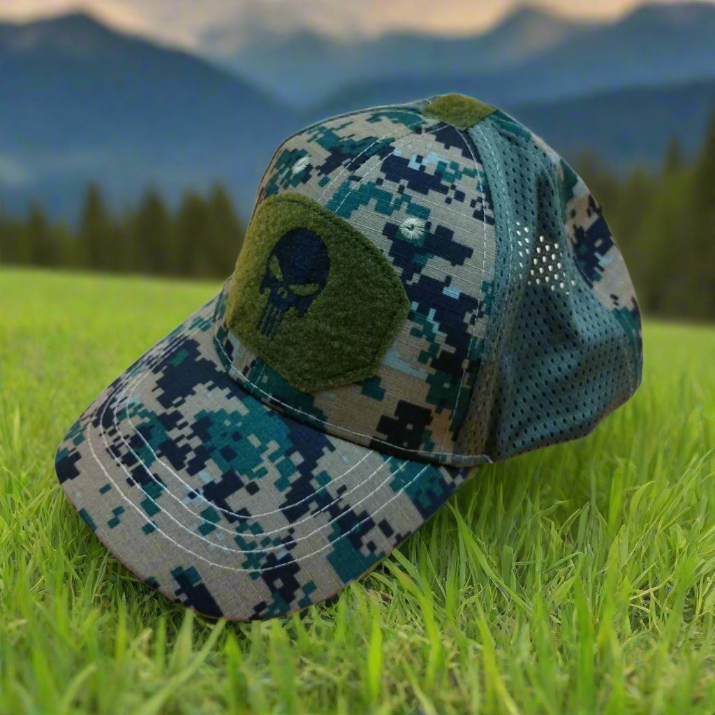 A digital green baseball cap with a skull patch on the front.