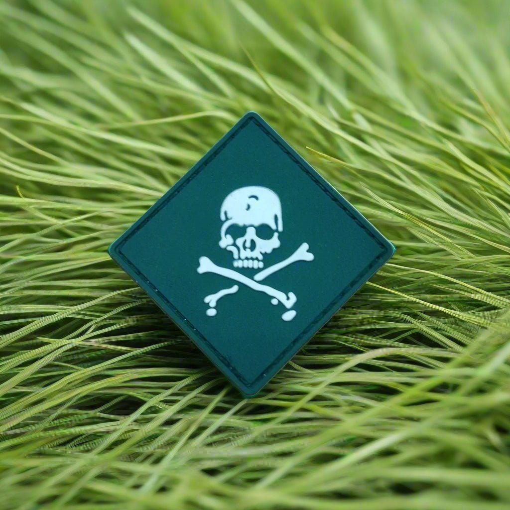Teal patch with a skull and crossbones design on a beige background