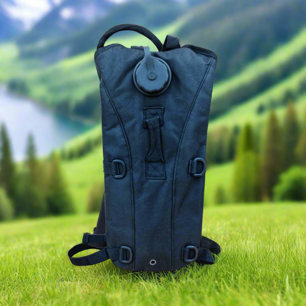 A Black camel bag with a fitted bladder, pipe, and mouthpiece, with additional compartments and straps.