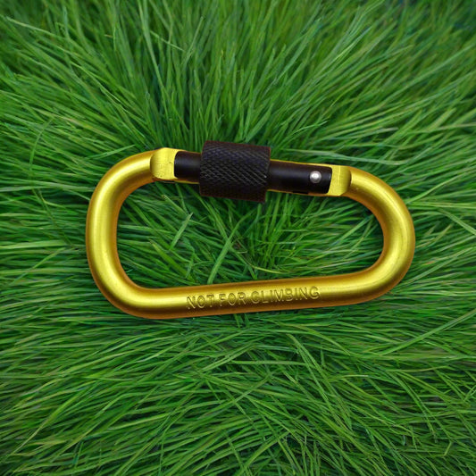 Gold carabiner with black lock on a beige background