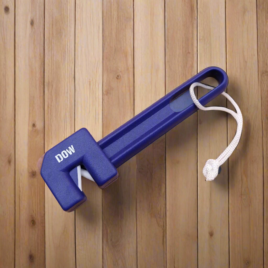 A blue DOW k2031 sharpener with a white rope attached to it.