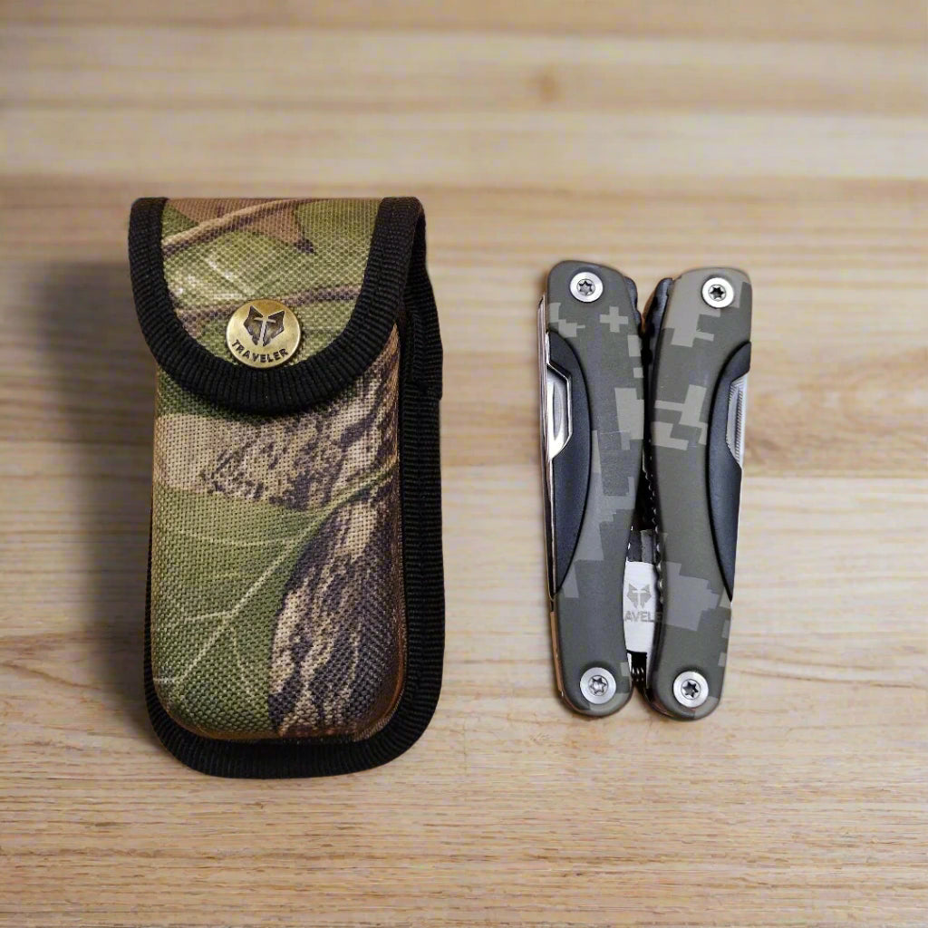 A multi-tool opened to display a knife, scissors, and other tools