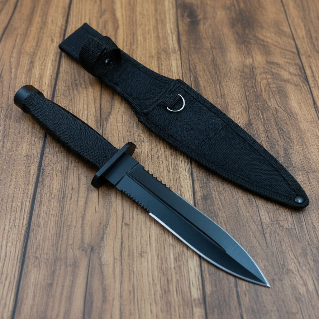 A black hunting knife with a sheath, the knife has a black handle and a black blade.