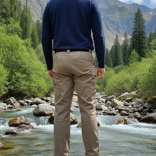 Person with stretchable khaki pants standing on a rock by a stream with mountains and trees in the background
