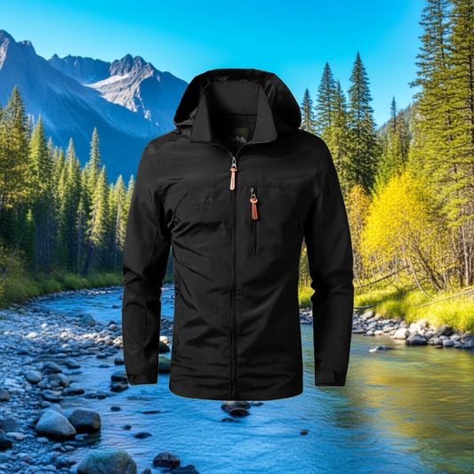 Black jacket with a hood on a scenic background of mountains and trees.