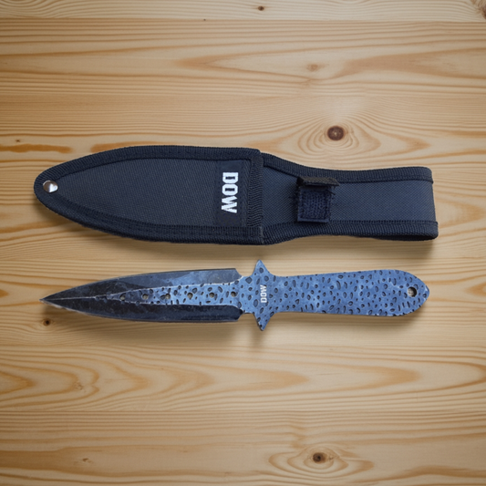 Knife with a blue blade and black sheath on a wooden surface