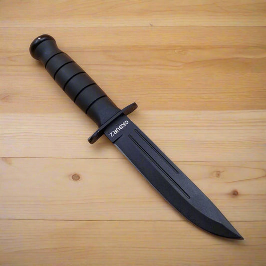 A black folding knife with a plain blade and a sheath. The knife is open, displaying the blade and the handle with a visible brand logo.