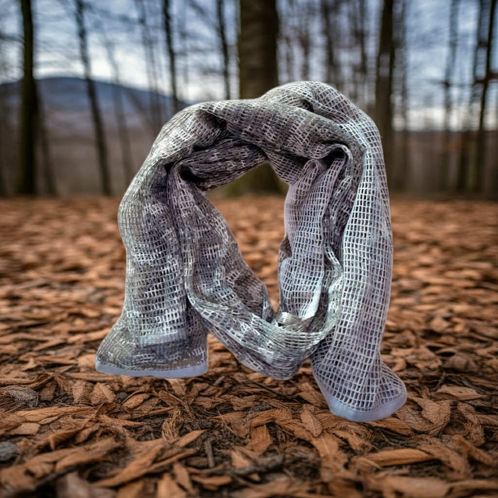 Textured scarf on a forest floor with trees and mountains in the background