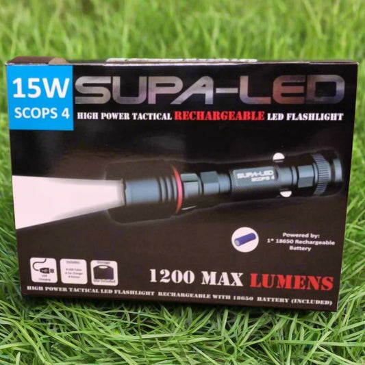Supa-Led rechargeable LED flashlight packaging on a beige background