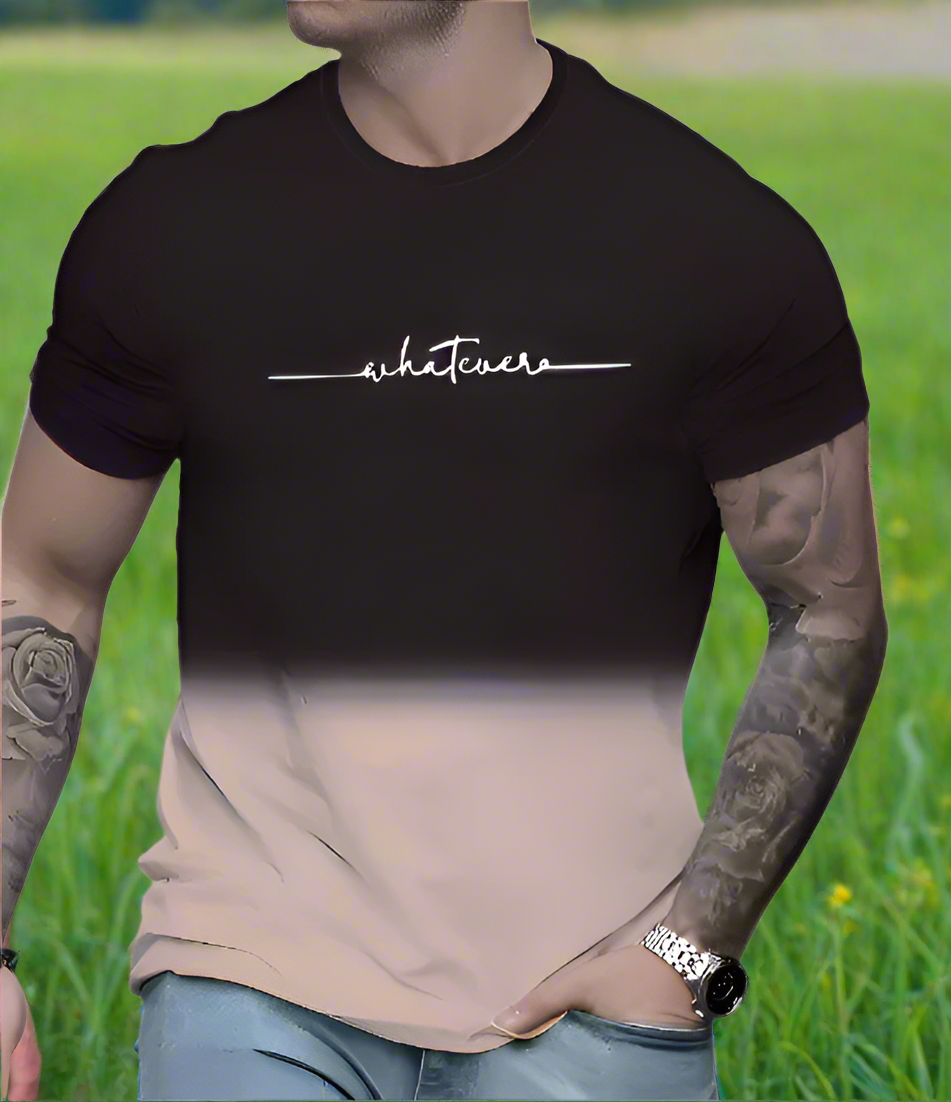 A person wearing a black to beige gradient T-shirt with the word 'whatever' printed across the chest in a simple white font.