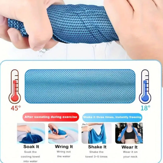 A collage showing a sports cooling towel in various states and colors. Includes a woman demonstrating the use by holding the towel around her neck, and a stack of the towels in multiple colors.